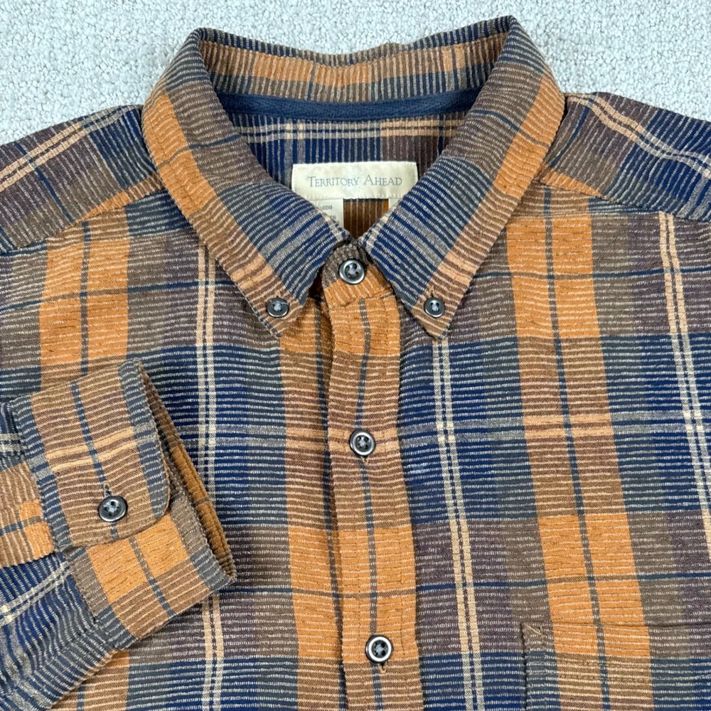 Territory Ahead Mens XLT Brown Blue Plaid Corduroy Texture Button Down Shirt